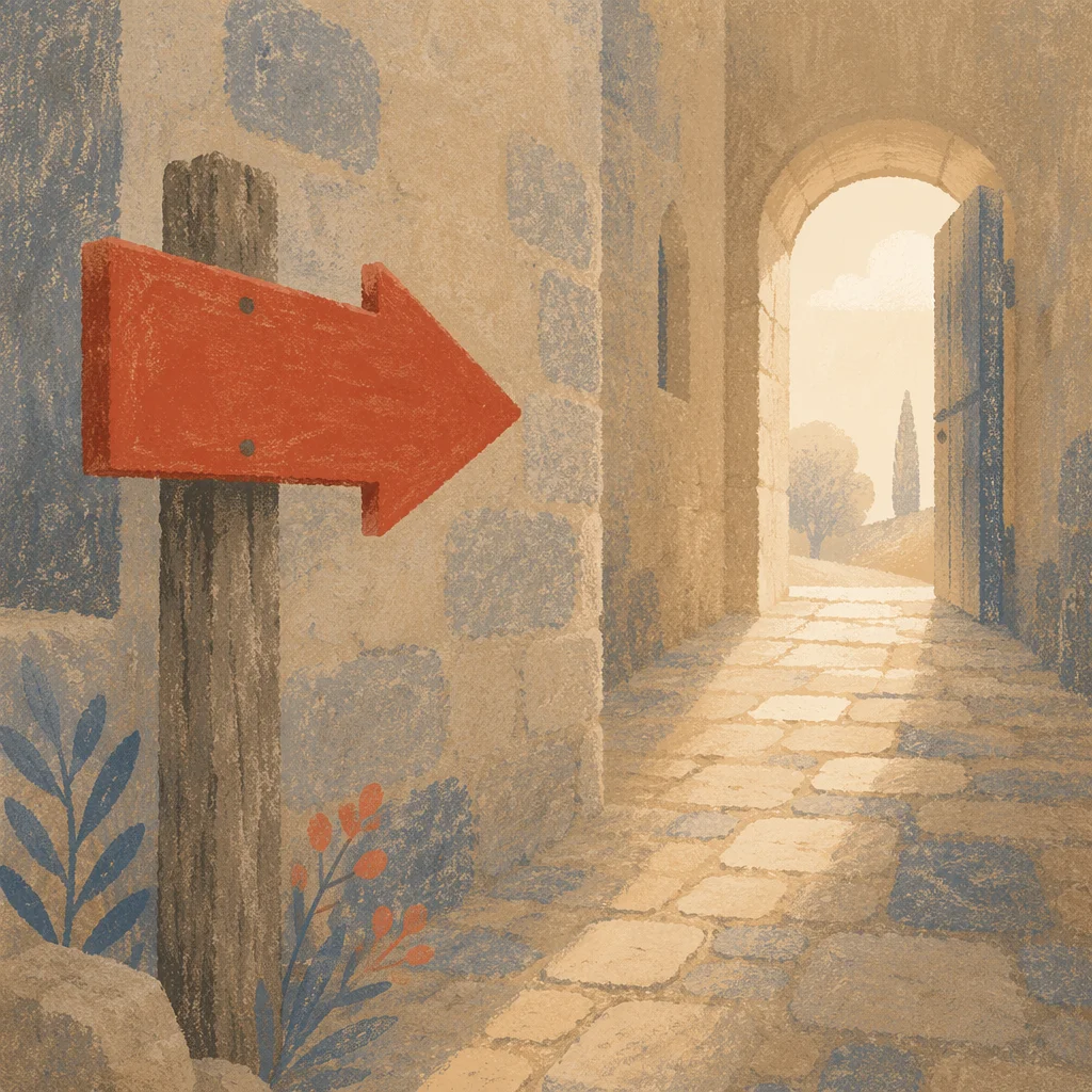 Red Arrow Sign in Quiet Stone Corridor