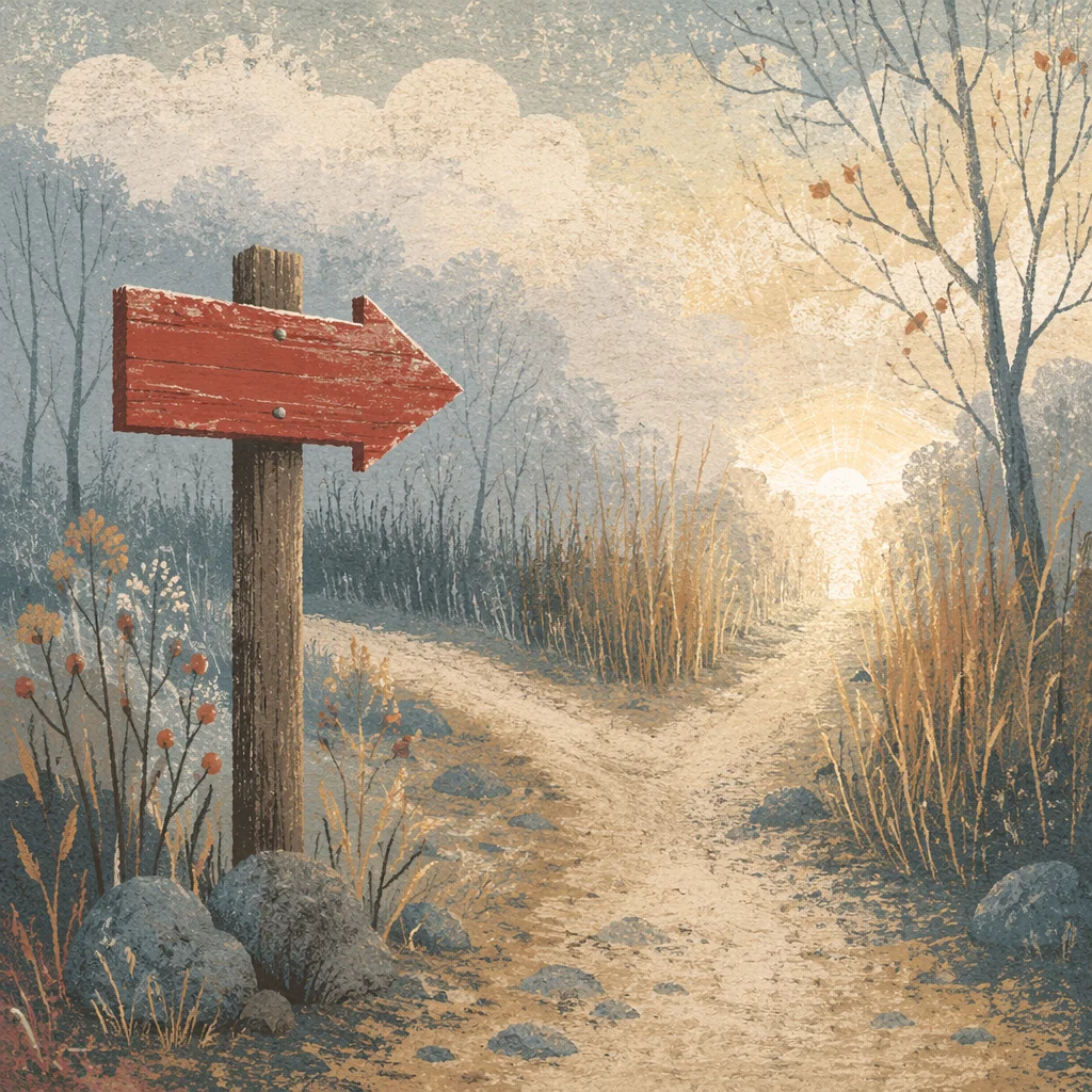 Red Arrow Sign at Misty Path