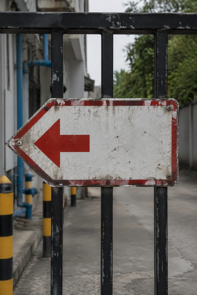 Red Arrow Direction Sign on Weathered Gate