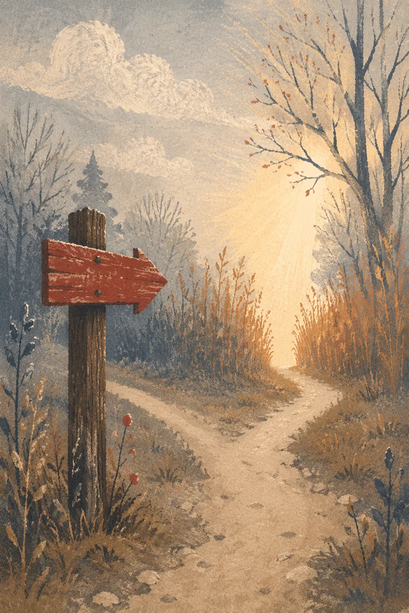 Weathered Red Arrow Toward Misty Dawn Path