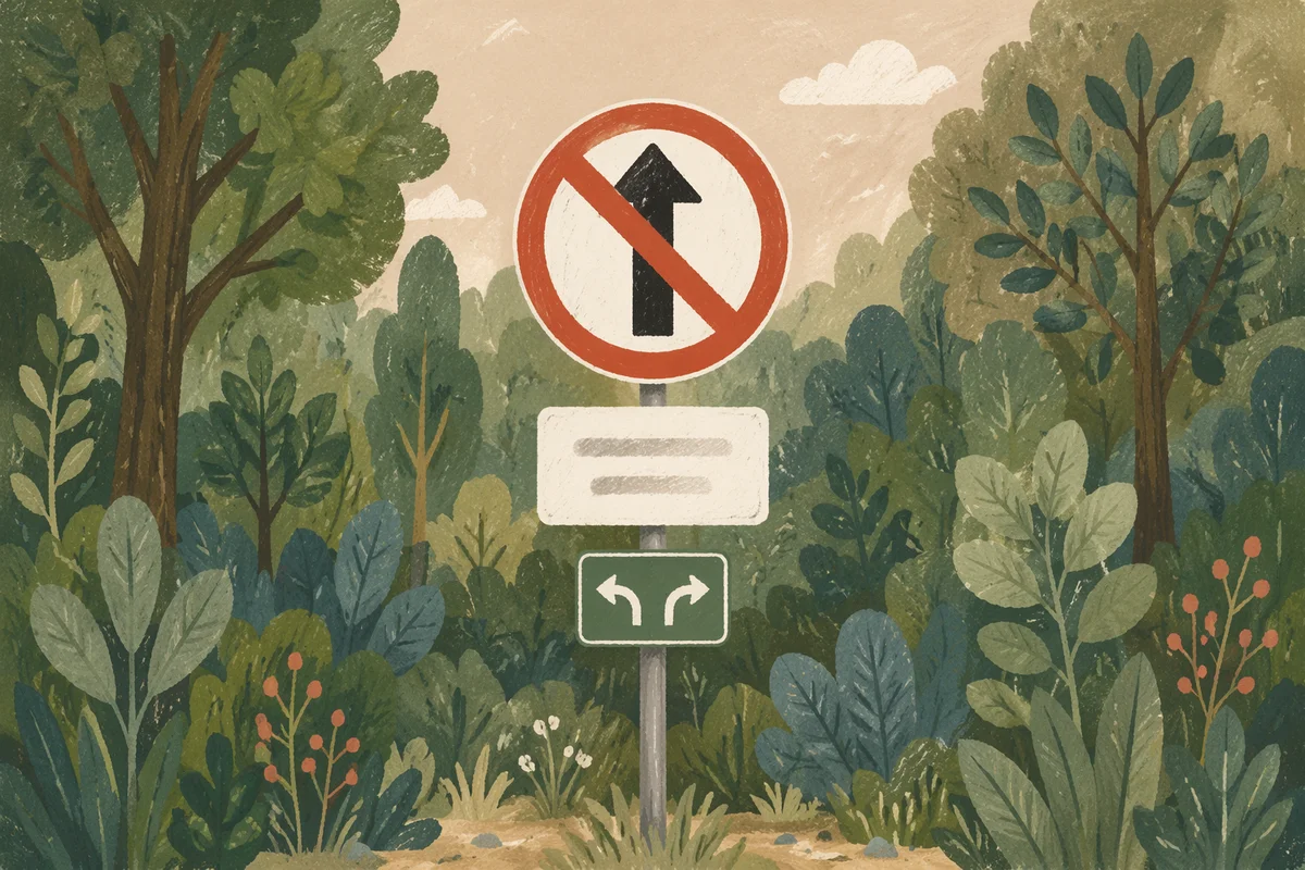 Red Arrow Warning Sign in Green Woodland