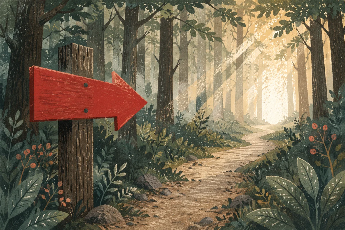 Red Arrow Sign on Misty Woodland Path