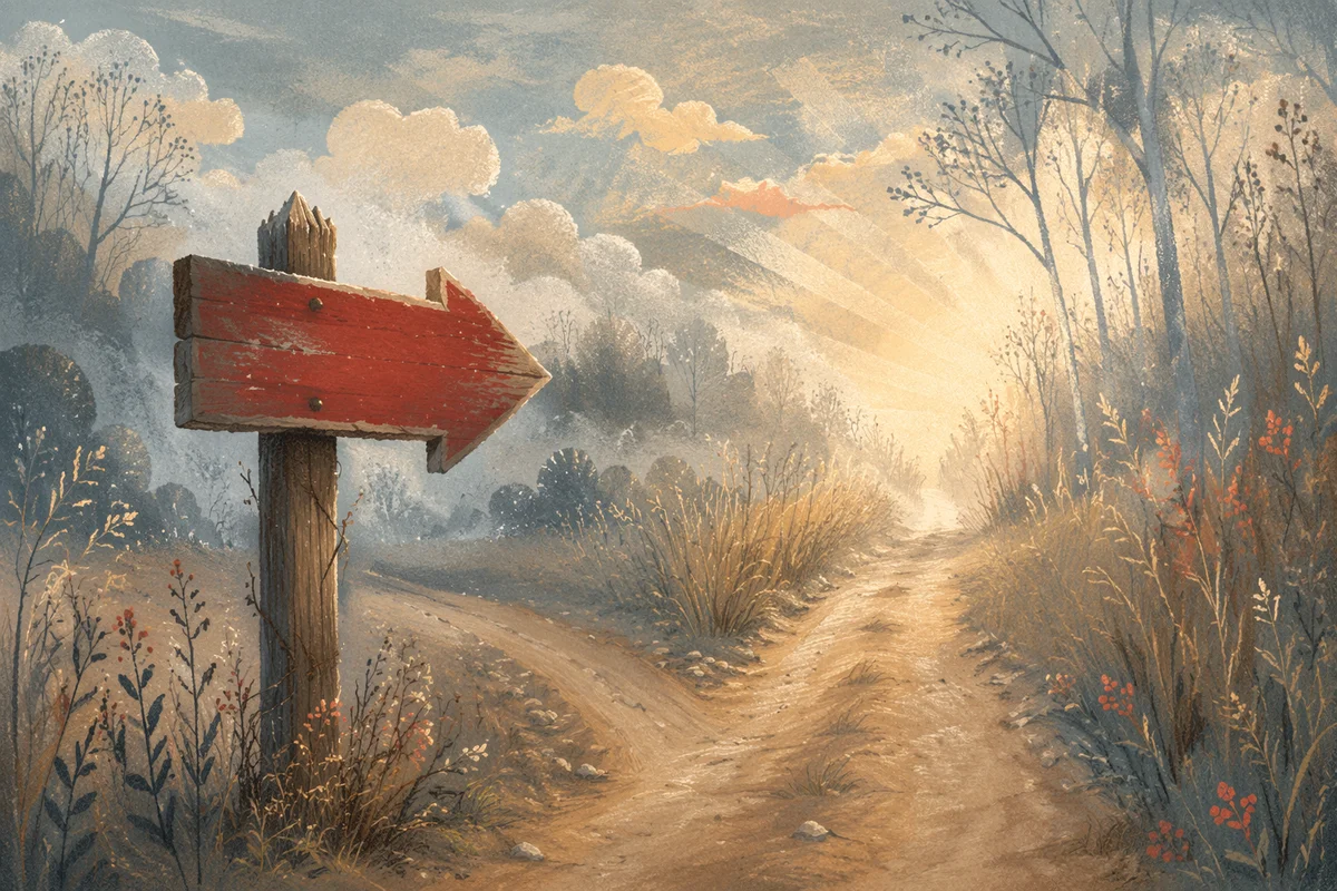 Weathered Red Arrow Toward Misty Dawn Path