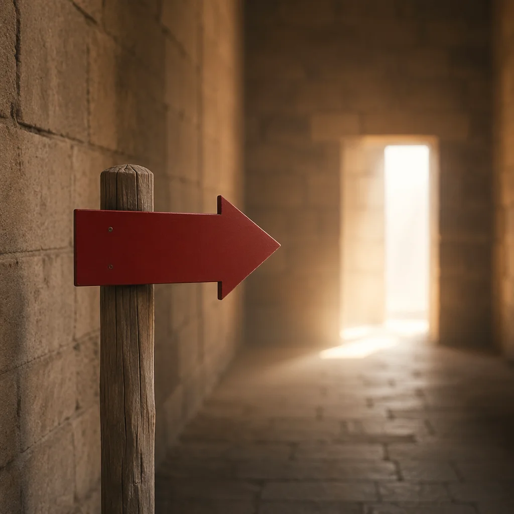 Red Arrow Sign in Stone Corridor