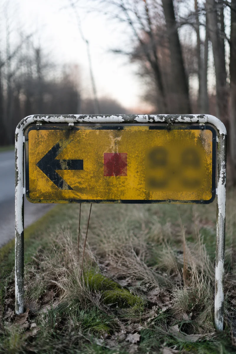 Weathered Yellow Arrow Sign With Red Marker