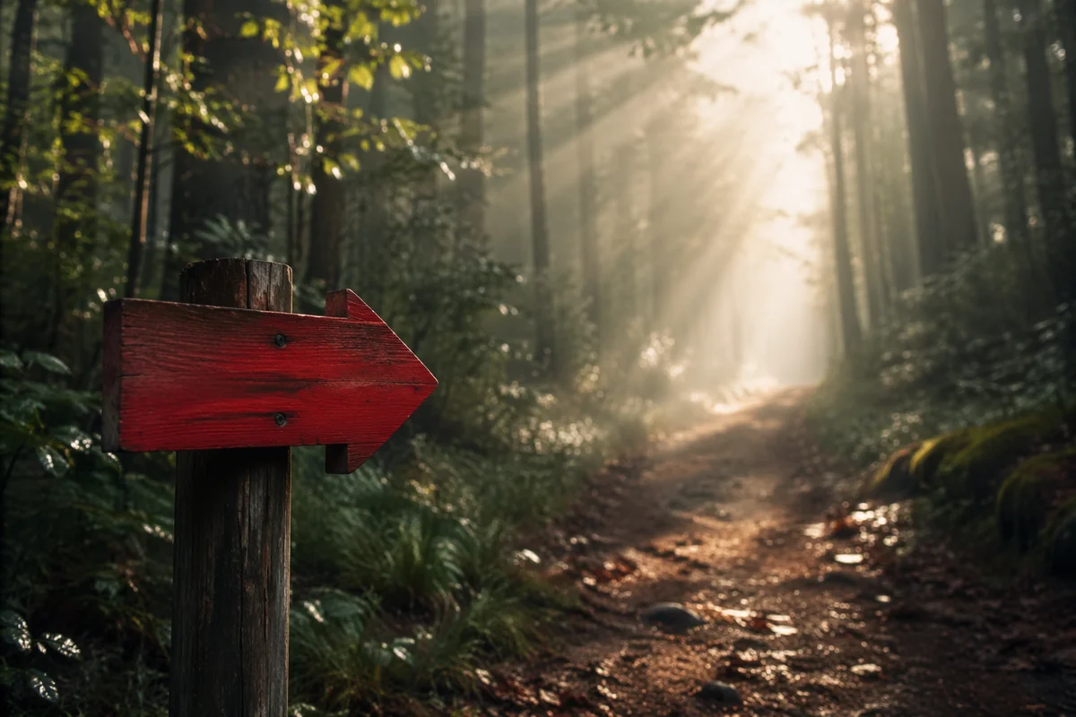 Red Arrow Sign on Misty Woodland Path