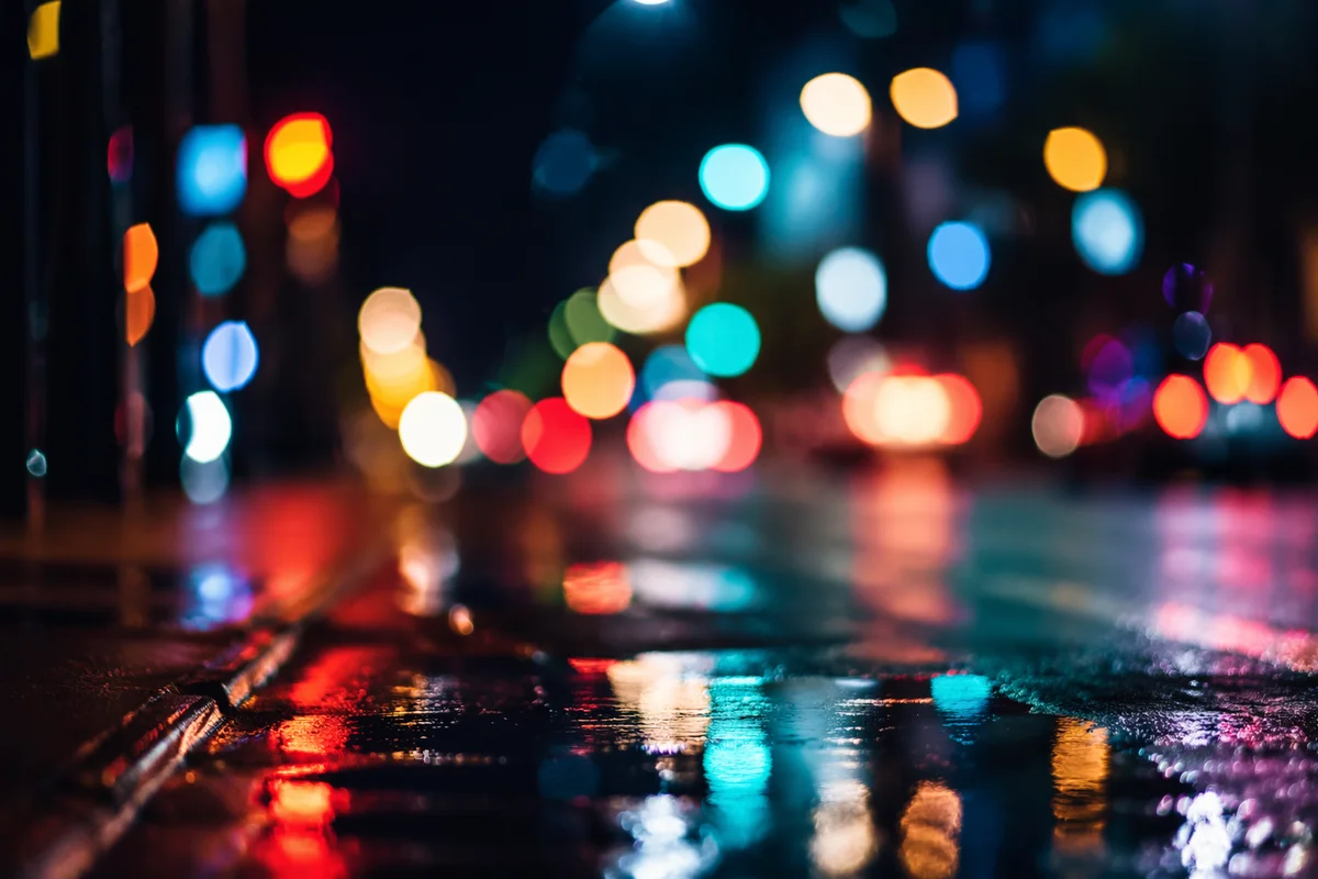 Cinematic Bokeh Lights on Rainy City Street