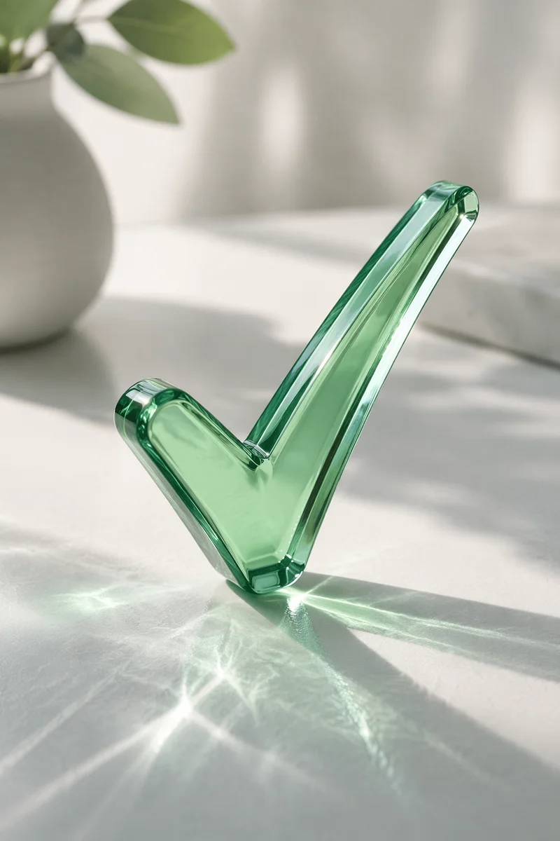 Green Glass Checkmark on White Table