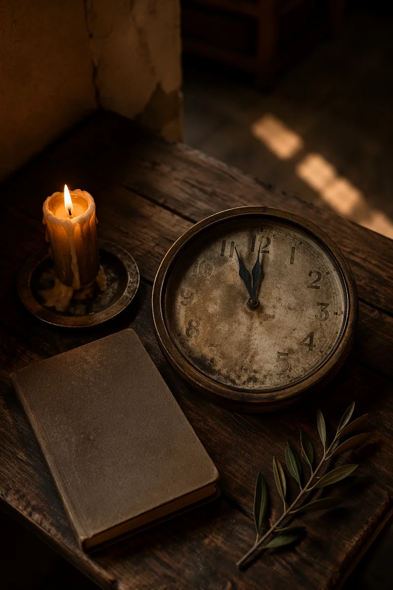 Vintage Clock Near Midnight with Candle