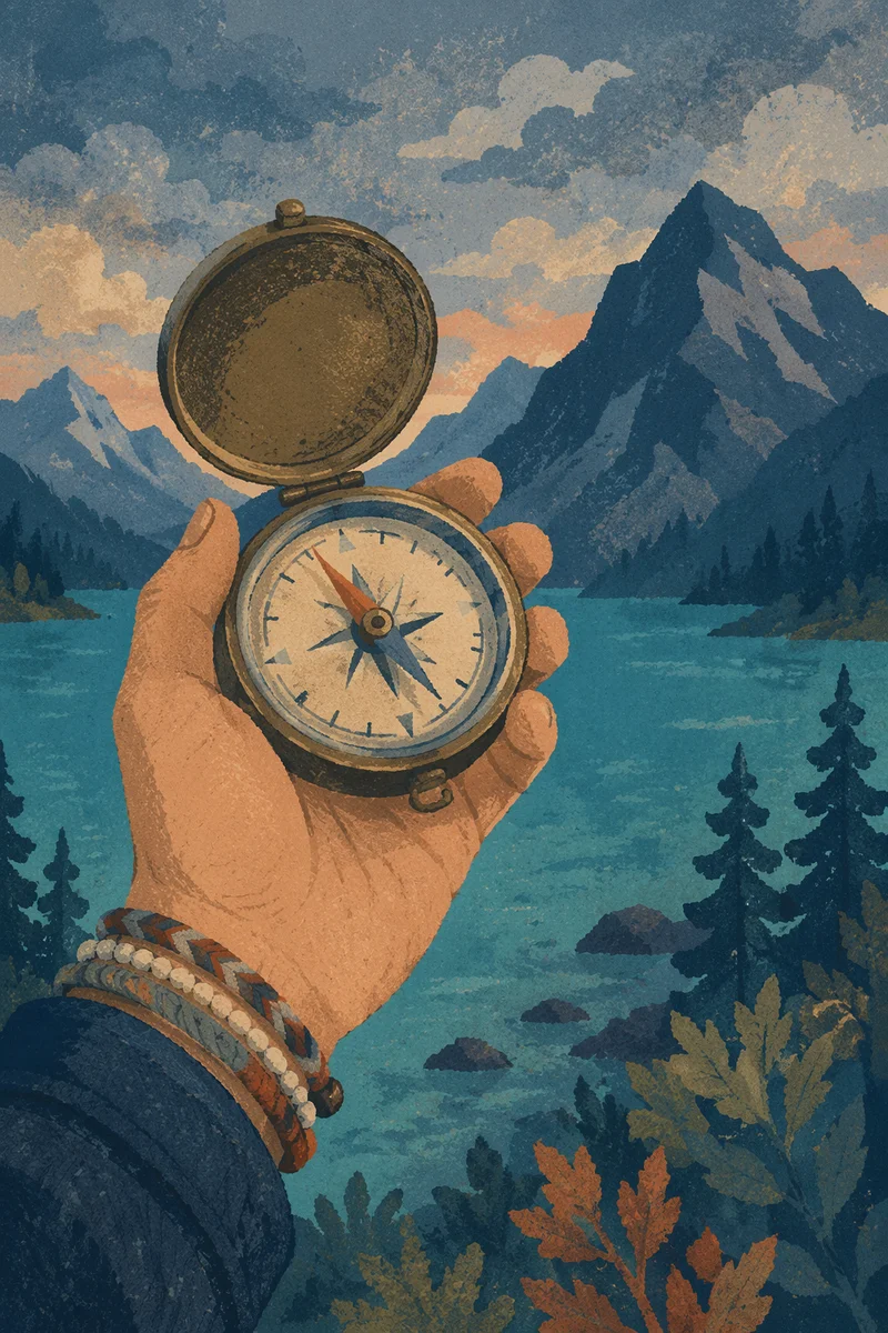 Handheld Compass Over Twilight Alpine Lake