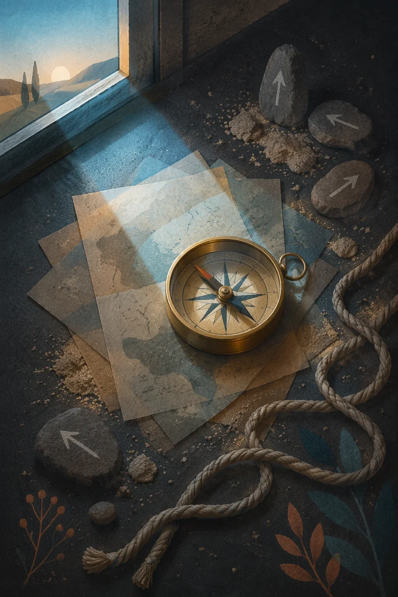 Brass Compass on Abstract Dawn Maps