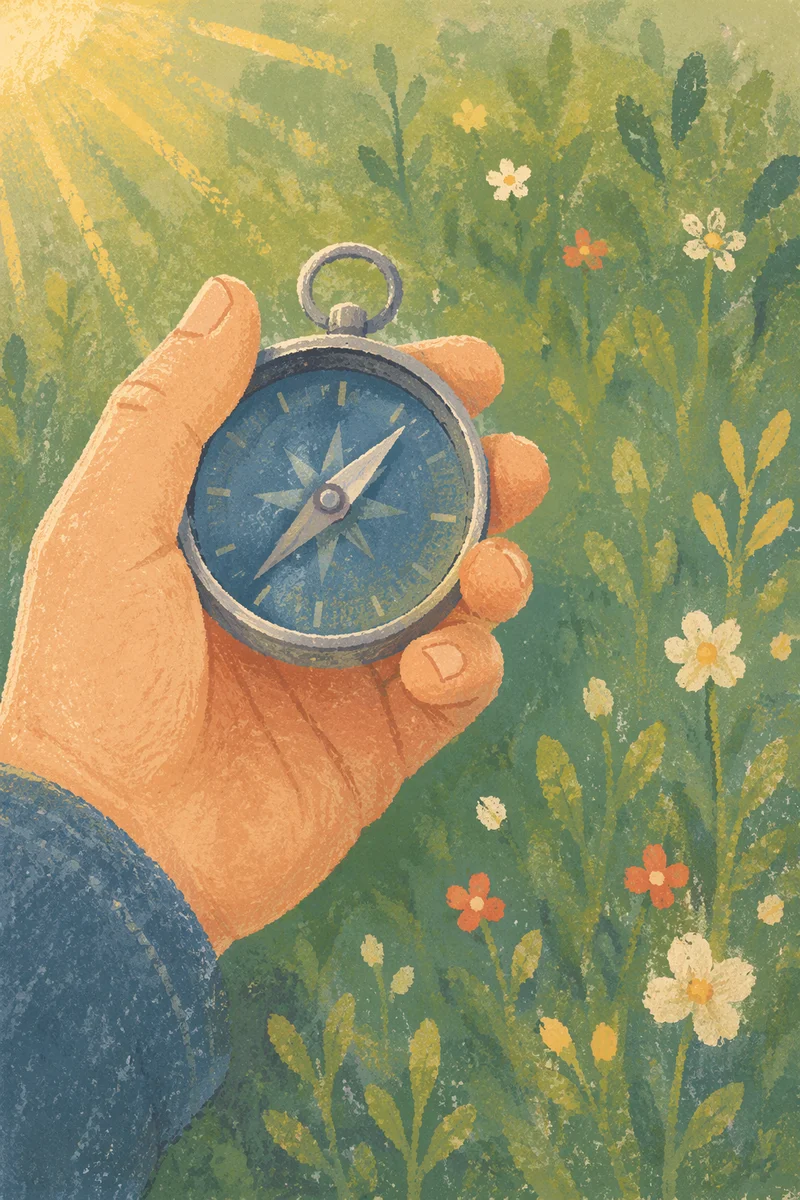 Hand Holding Pocket Compass in Meadow