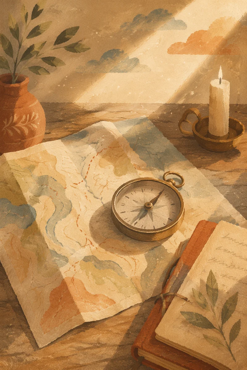 Brass Compass on Map in Morning Light