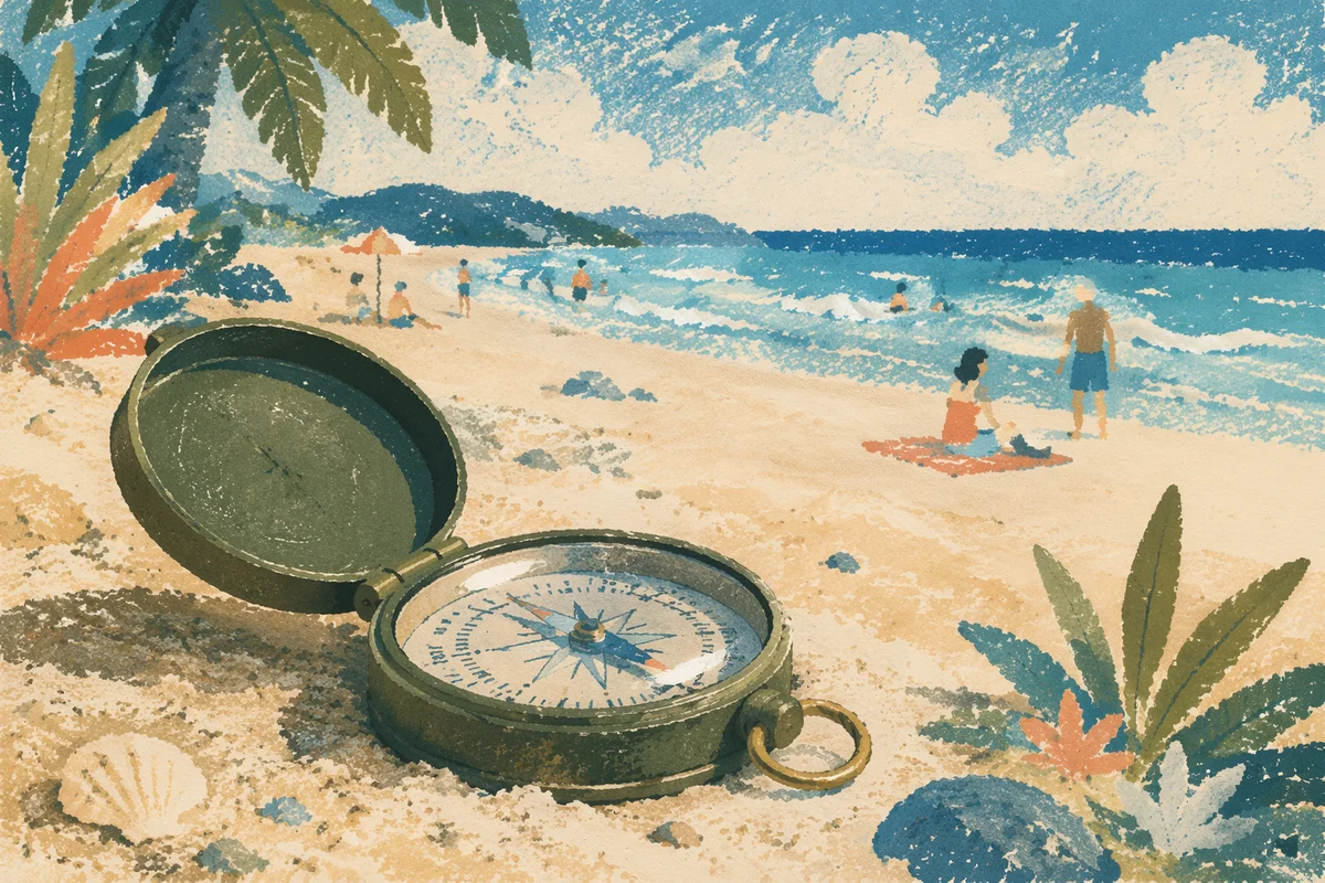 Open Hiking Compass on Tropical Beach