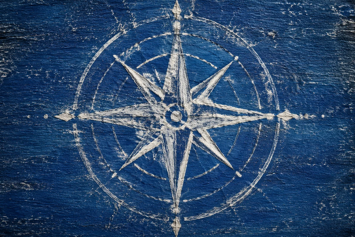 White Compass Rose on Ocean Blue Canvas