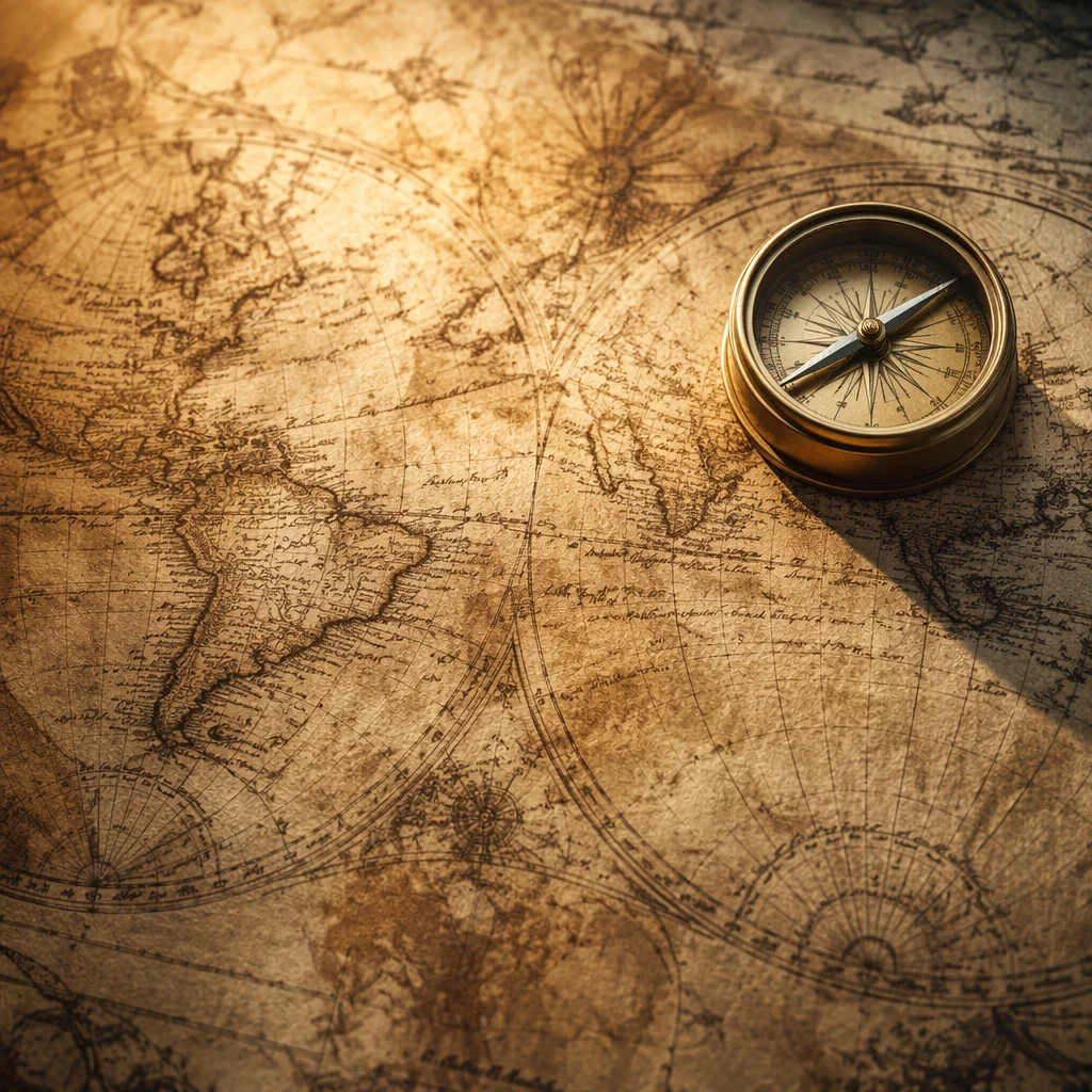 Antique Compass on Sepia Navigation Map