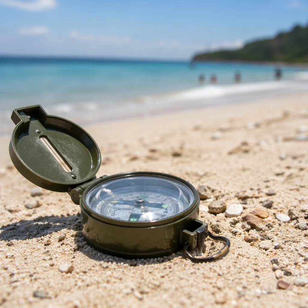 Sunlit Compass on Tropical Shoreline