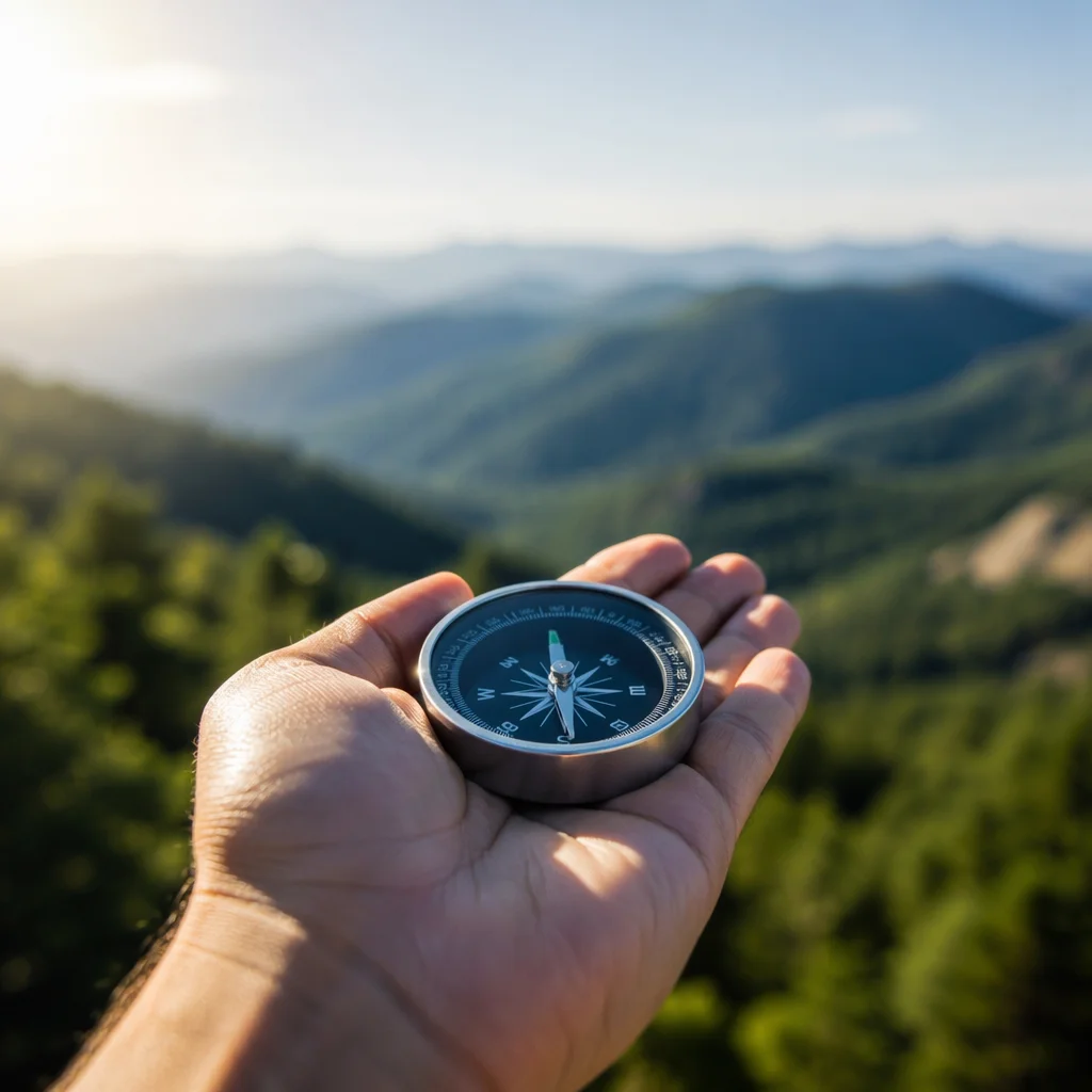 Compass in Hand Over Mountain Valley