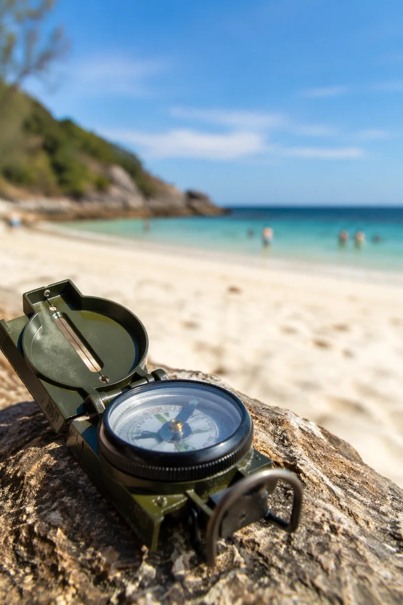 Open Compass on Sunlit Tropical Shore