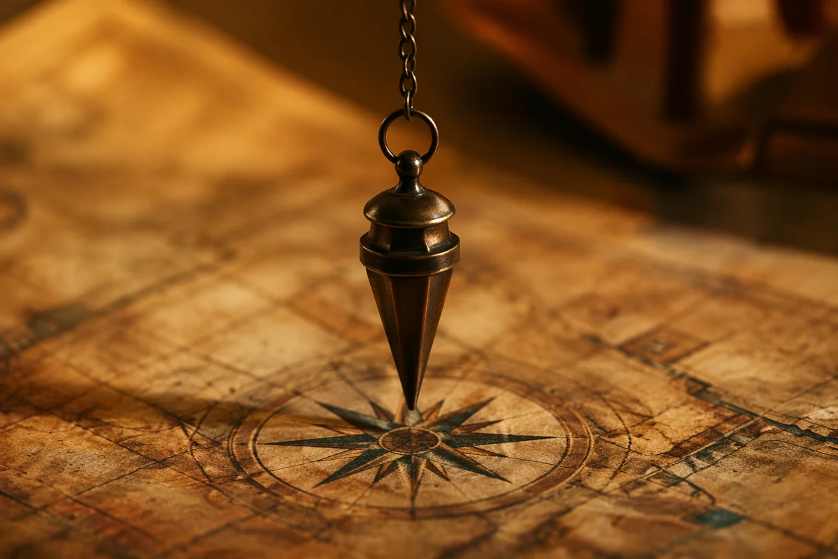 Antique Compass Pendulum Over Parchment Map