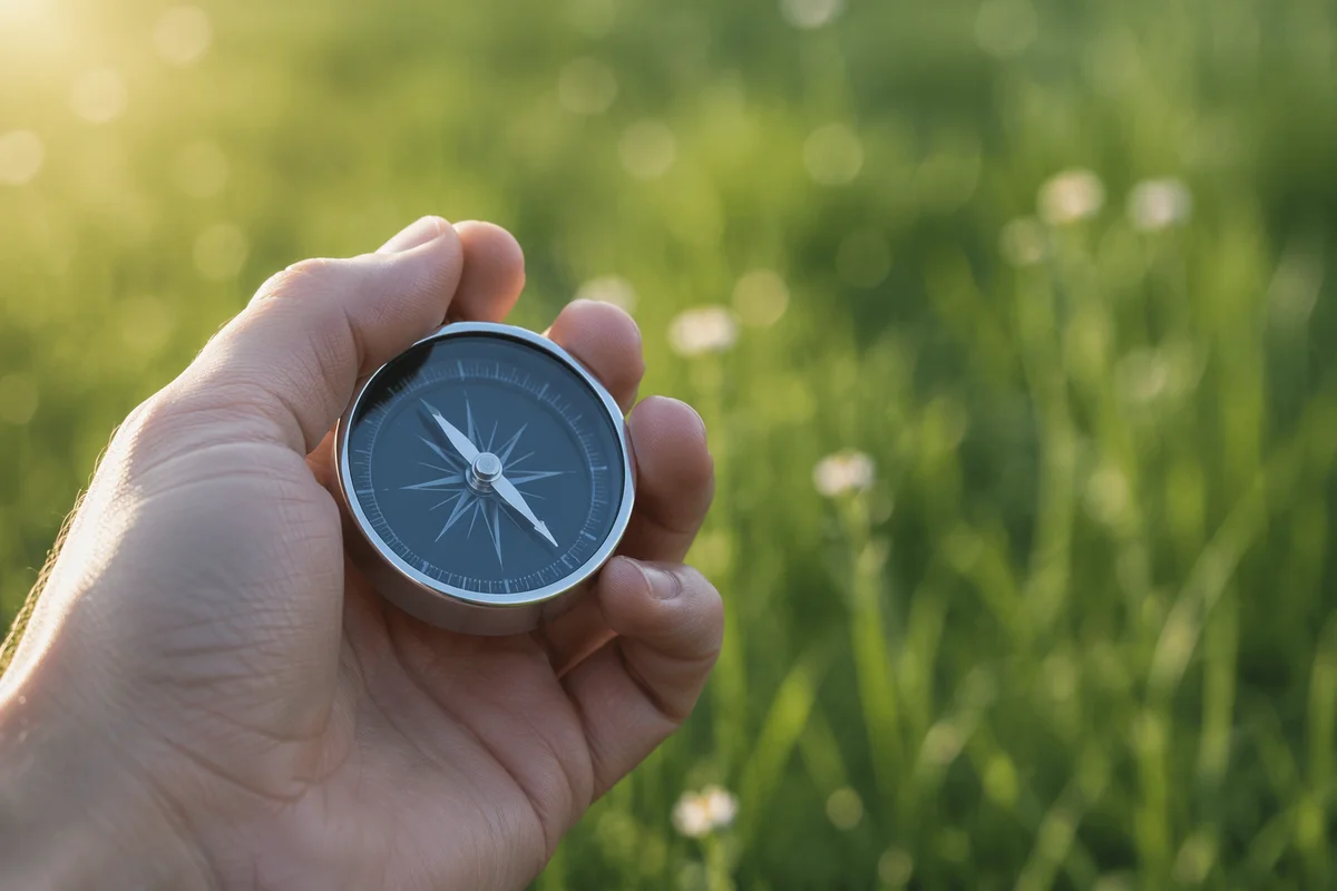 Hand Holding Pocket Compass in Meadow