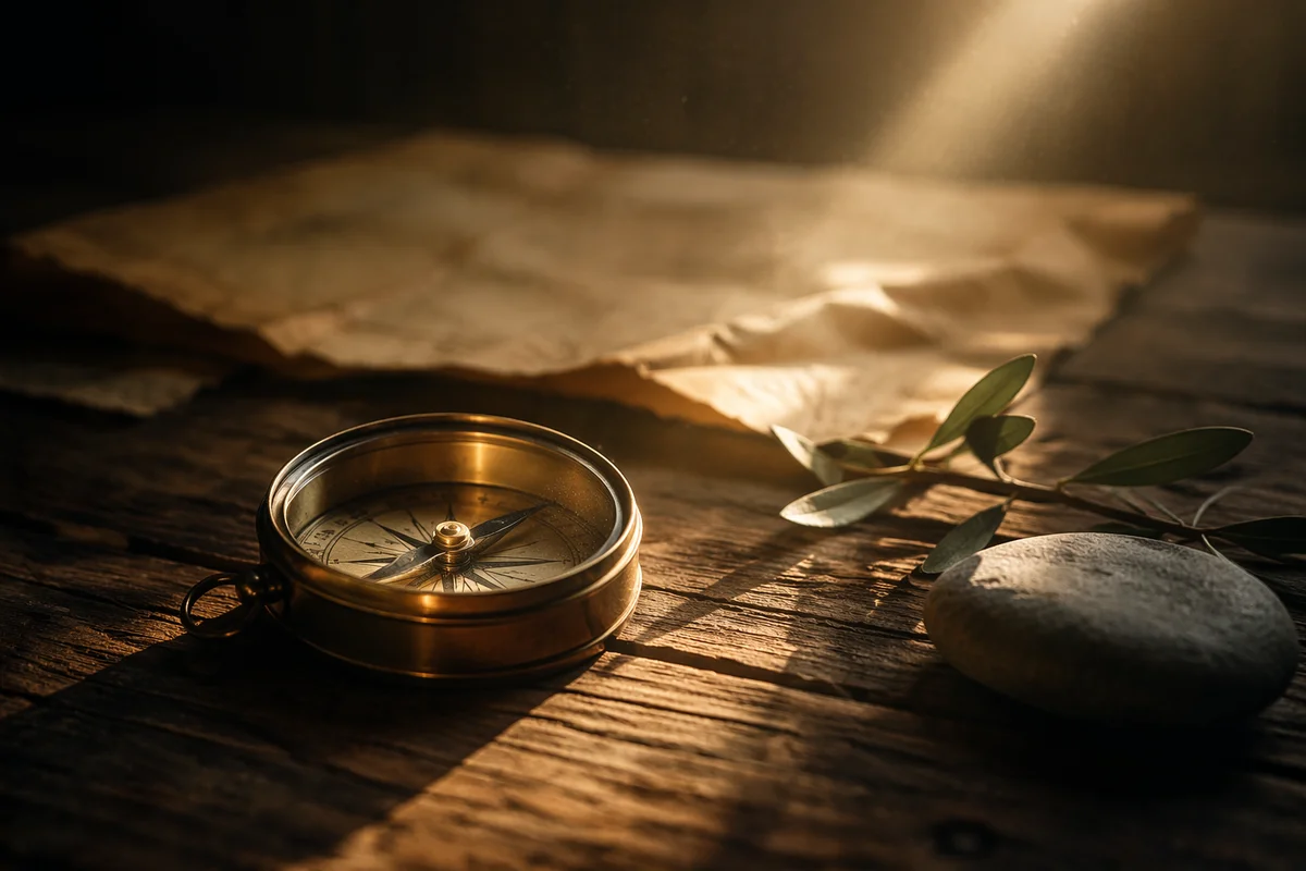 Brass Compass with Morning Light and Map