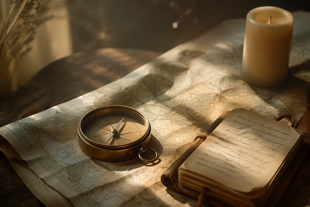 Brass Compass on Map in Morning Light