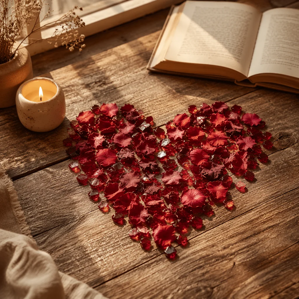 Red Petal Heart on Wooden Table