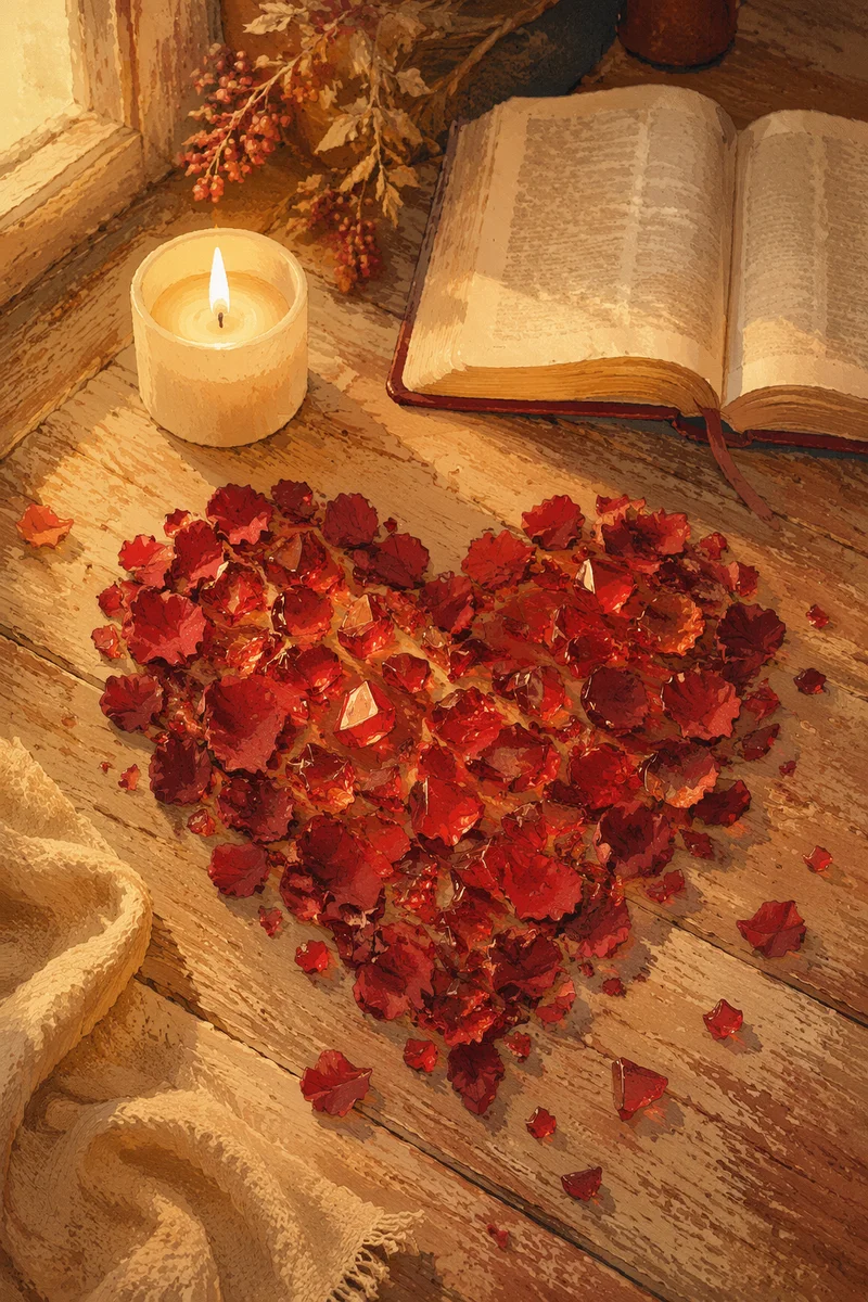Red Petal Heart on Wooden Table