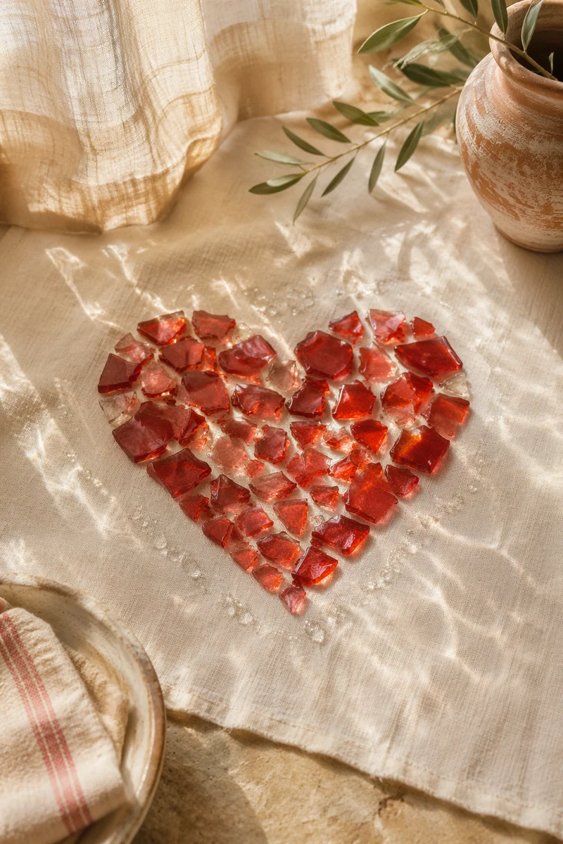 Crimson Glass Heart on Cream Linen
