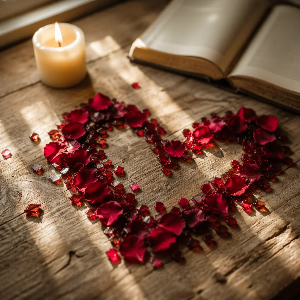 Red Petal Heart on Wooden Table