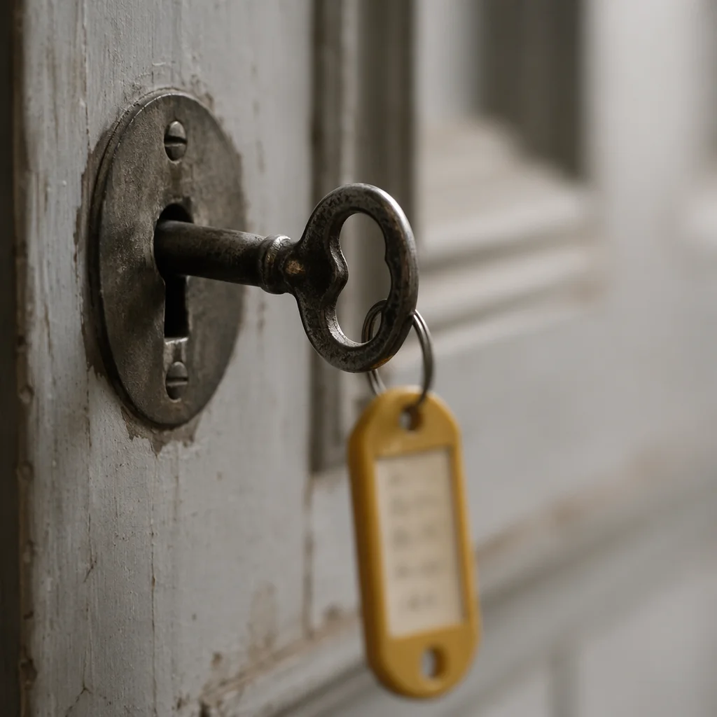 Worn Key in Door Lock Close Up