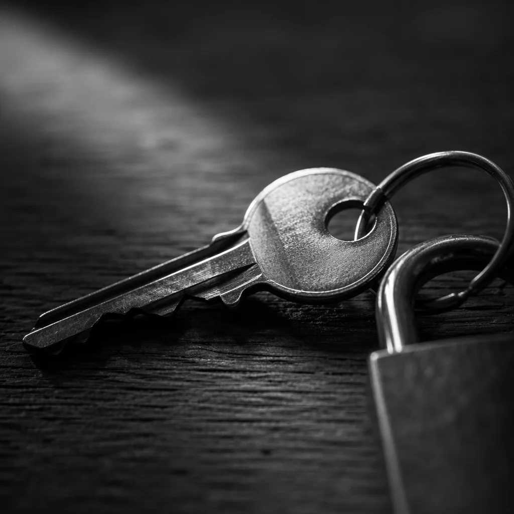 Monochrome Metal Key on Dark Wood