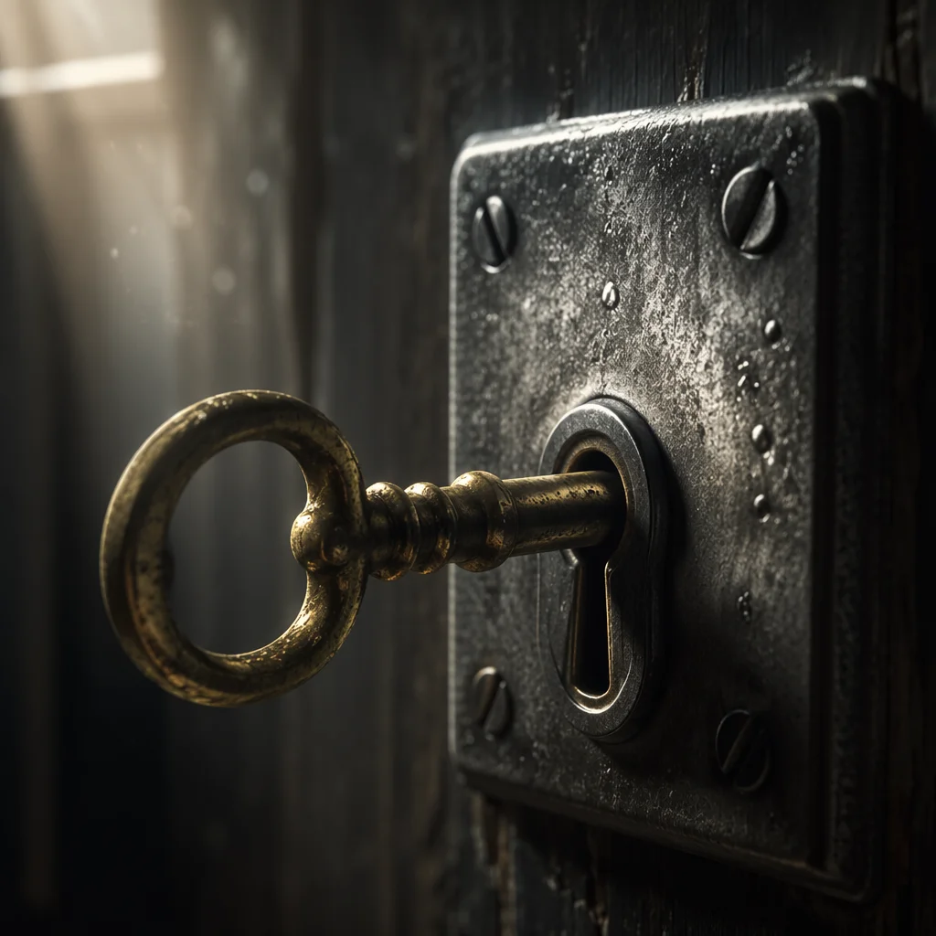 Aged Brass Key in Steel Lock