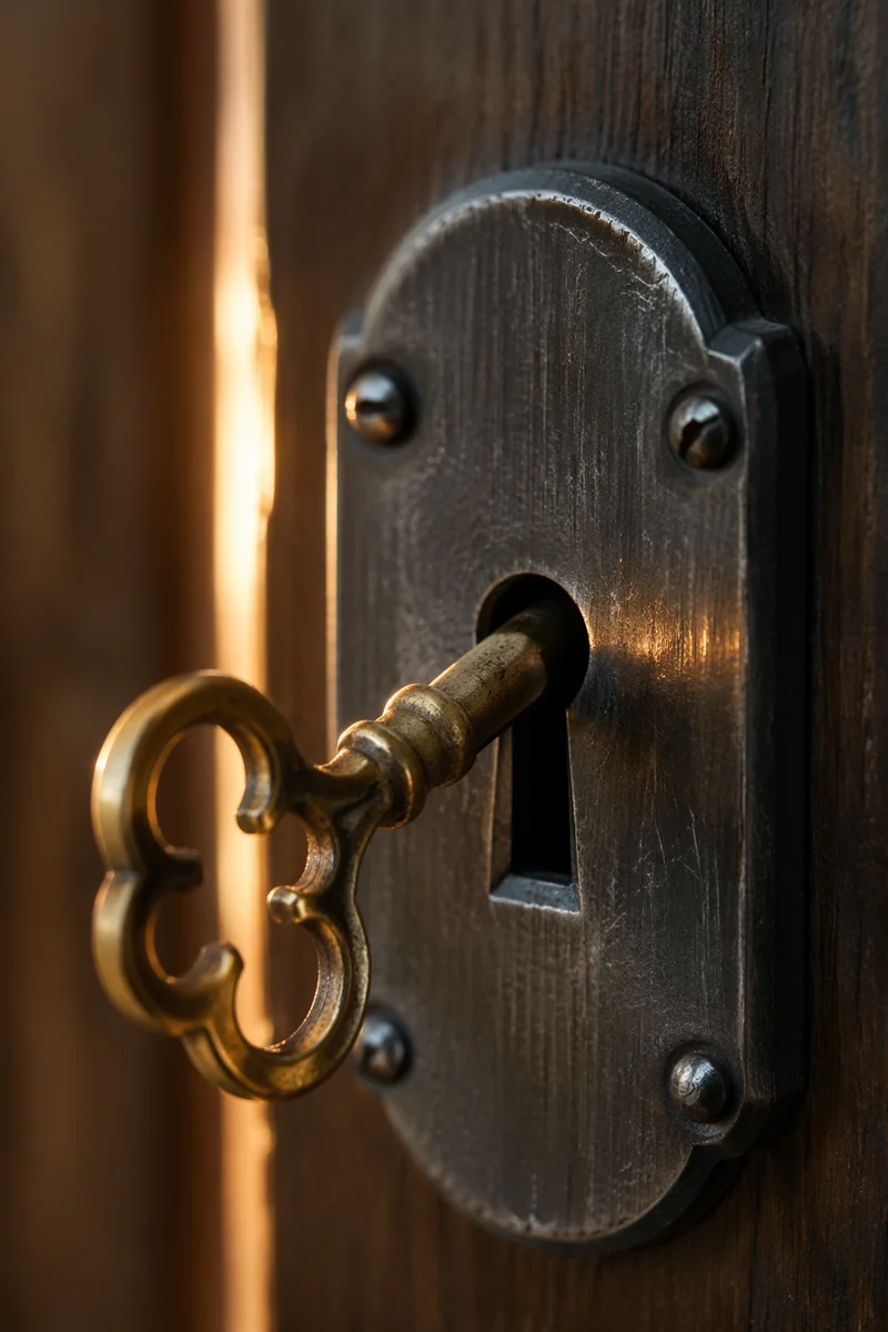 Aged Brass Key in Secure Metal Lock