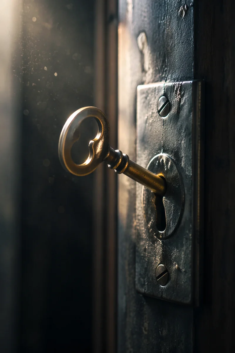 Aged Brass Key in Steel Lock