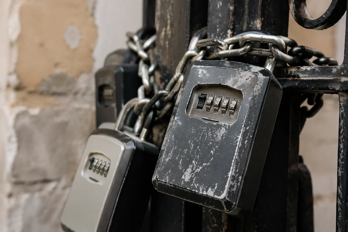 Weathered Padlocks on Chained Iron Gate