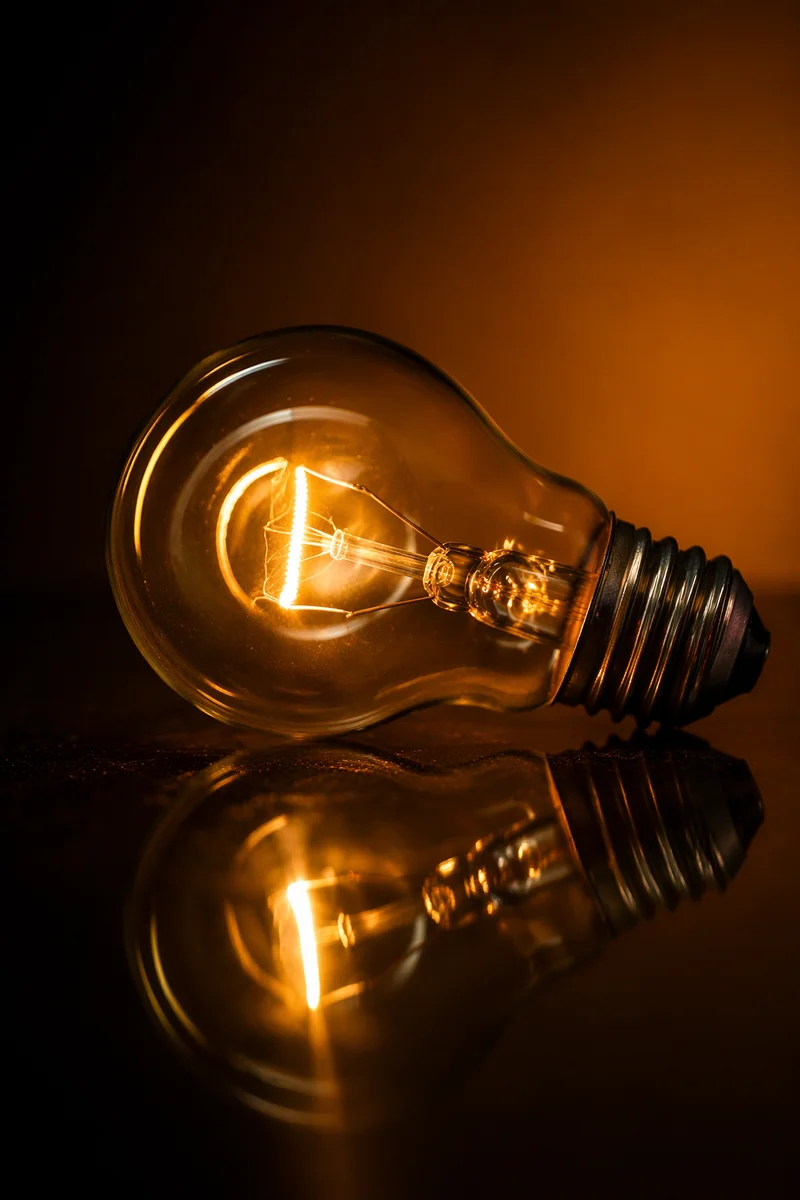 Glowing Light Bulb on Dark Reflection