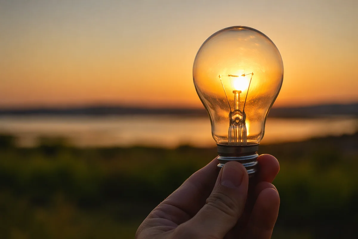 Glowing Light Bulb Held at Sunset