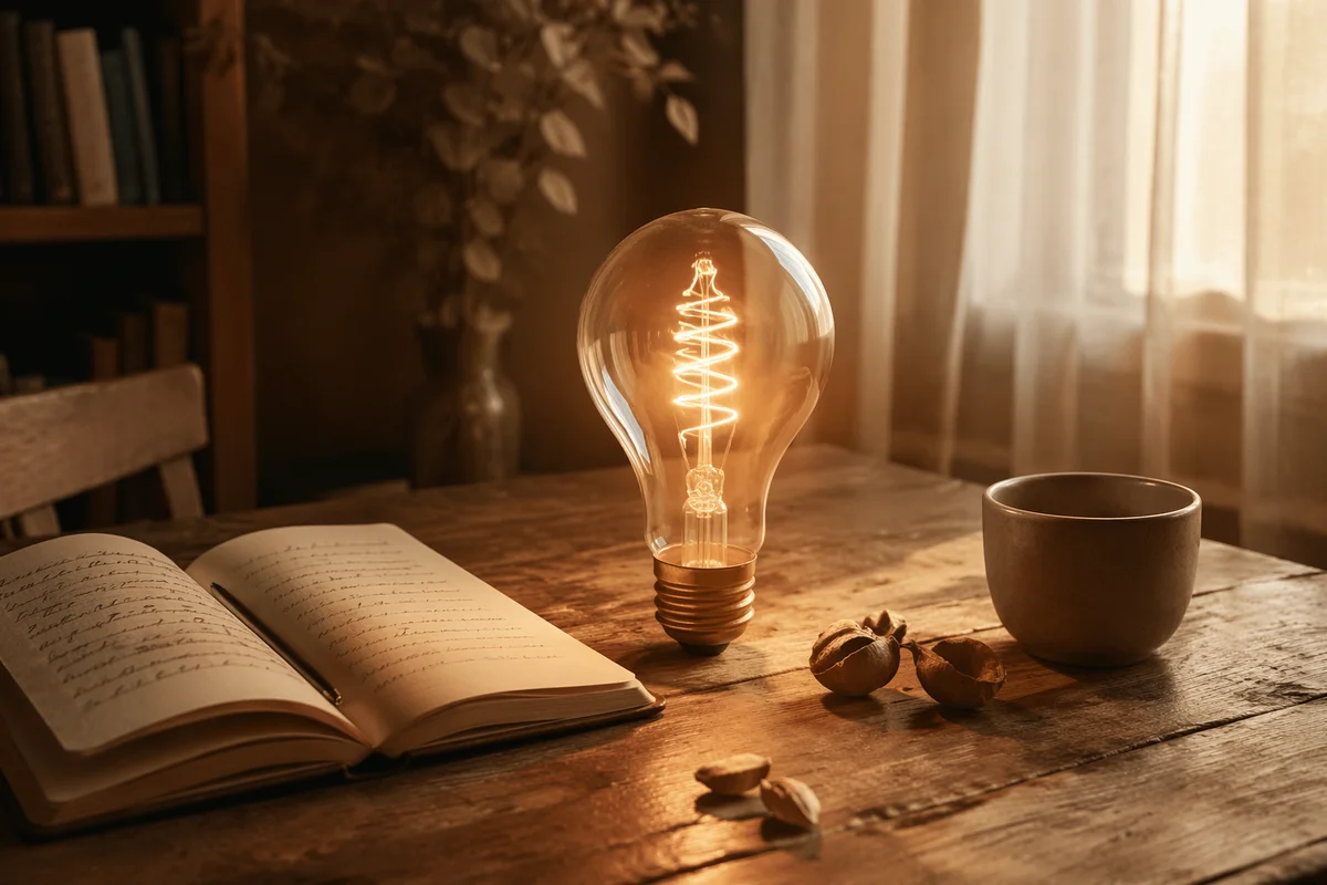 Glowing Light Bulb Idea on Wooden Desk