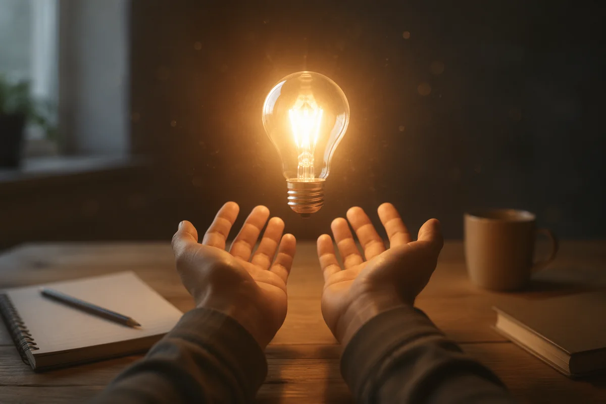 Glowing Light Bulb Held Above Open Hands