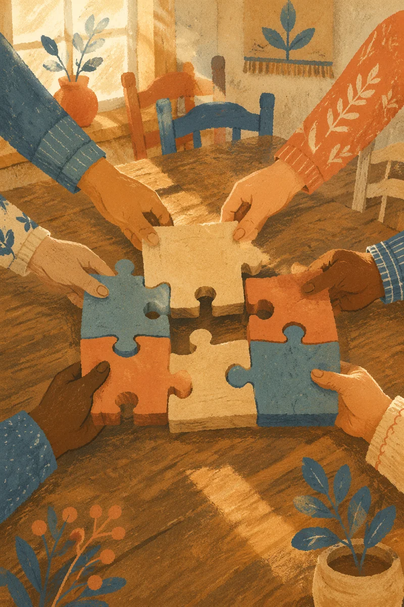 Hands Joining Wooden Puzzle Pieces in Unity