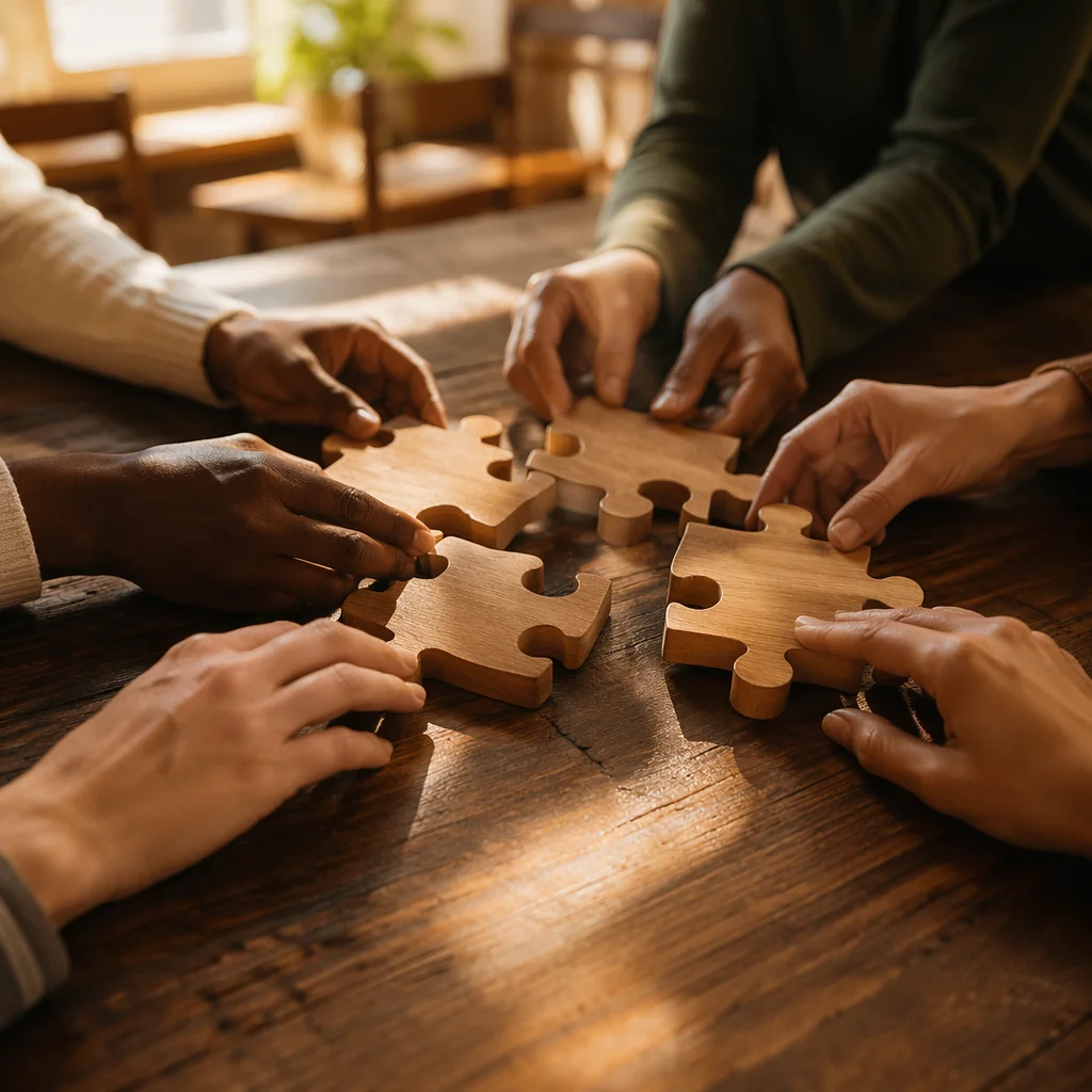 Hands Joining Wooden Puzzle Pieces in Unity