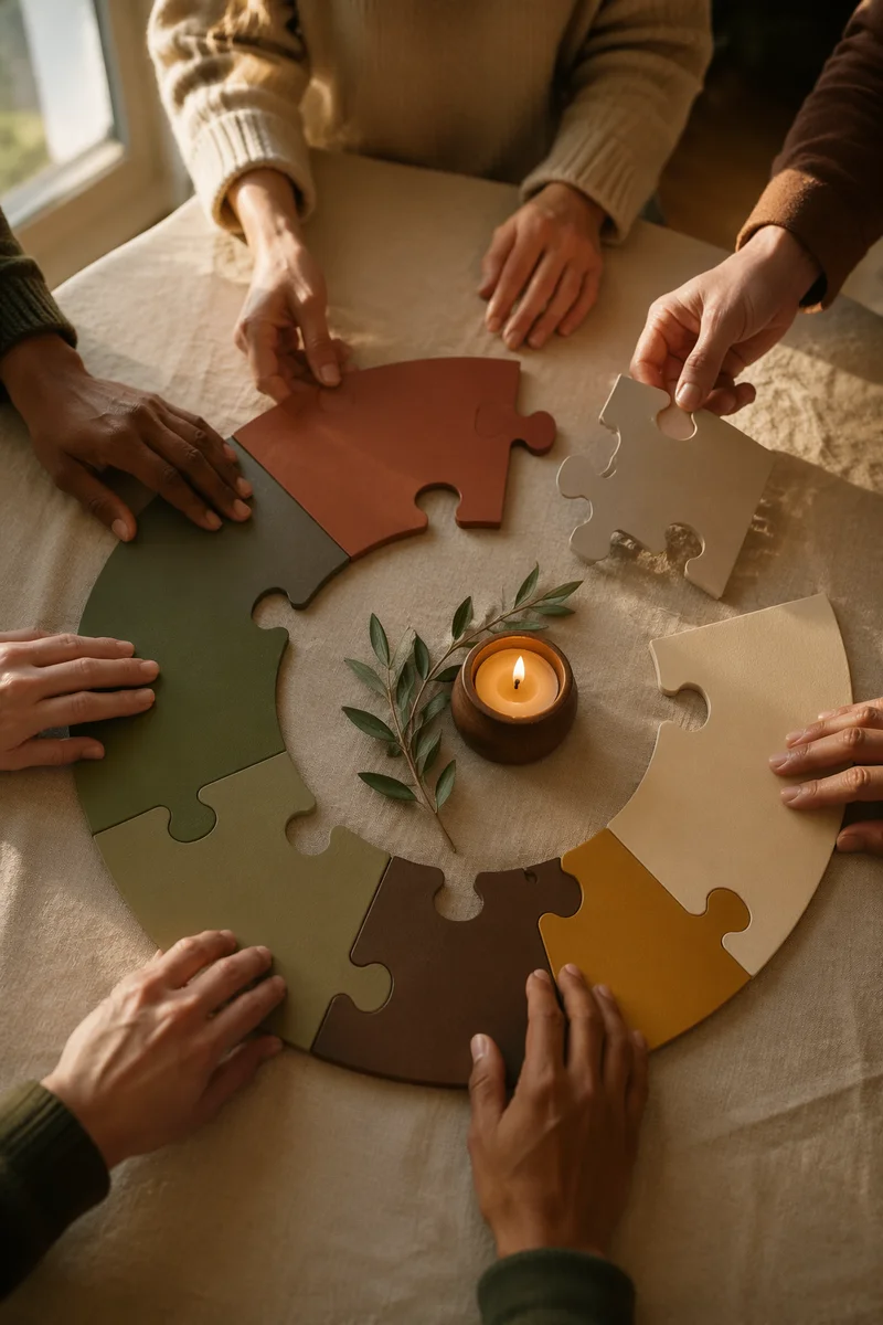Hands Joining Wooden Puzzle Around Candle