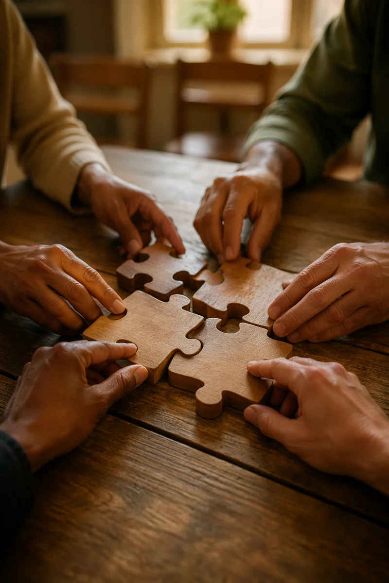 Wooden Puzzle Pieces Guided in Teamwork