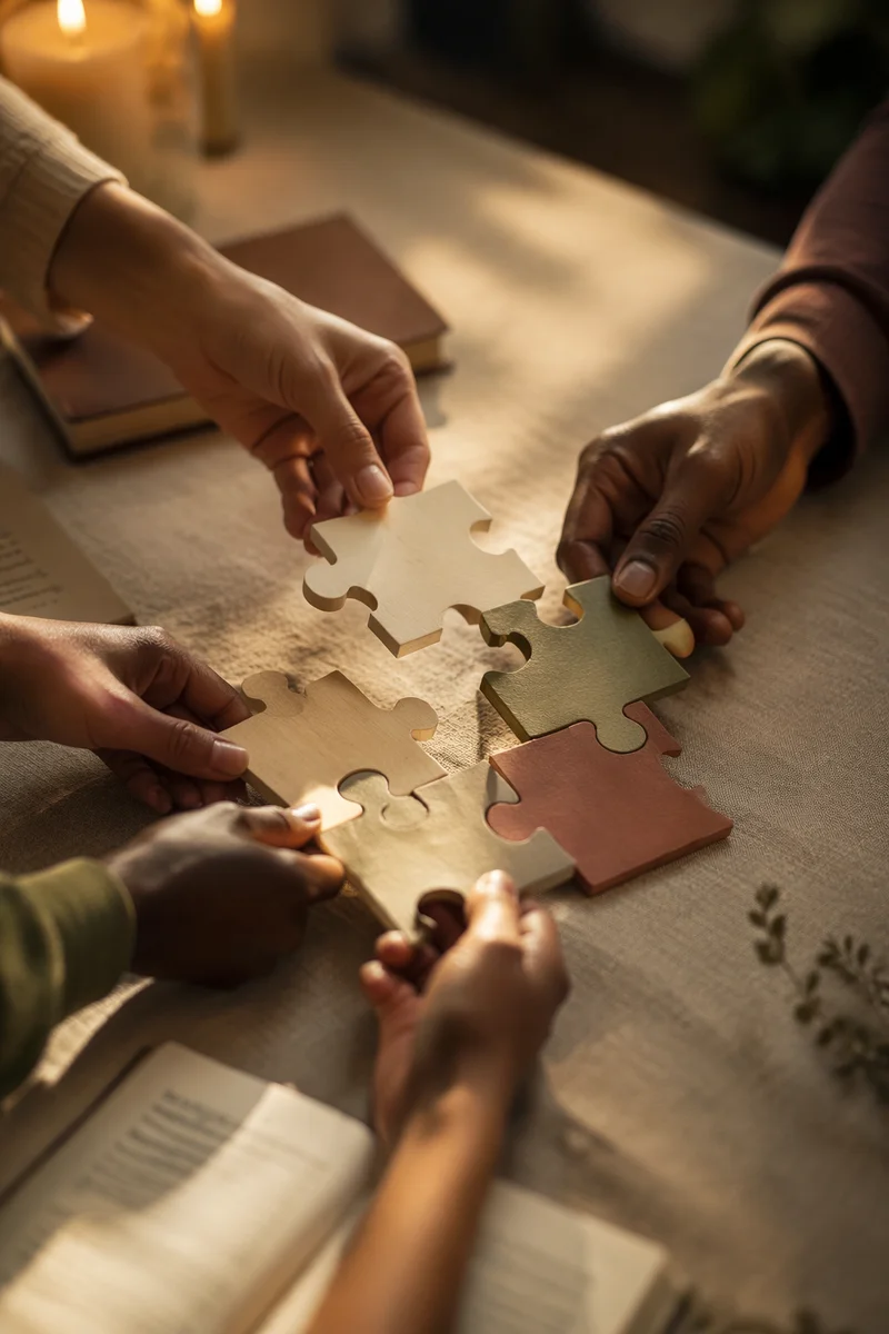 Wooden Puzzle Pieces Symbolizing Faithful Teamwork