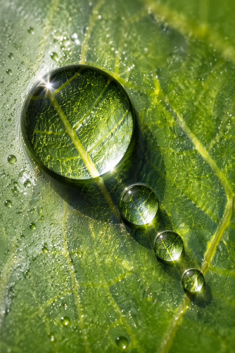 Macro Water Droplets on Glass Leaf