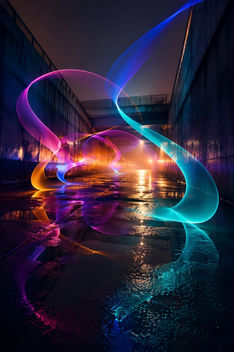 Colorful Light Painting in Rainy Underpass