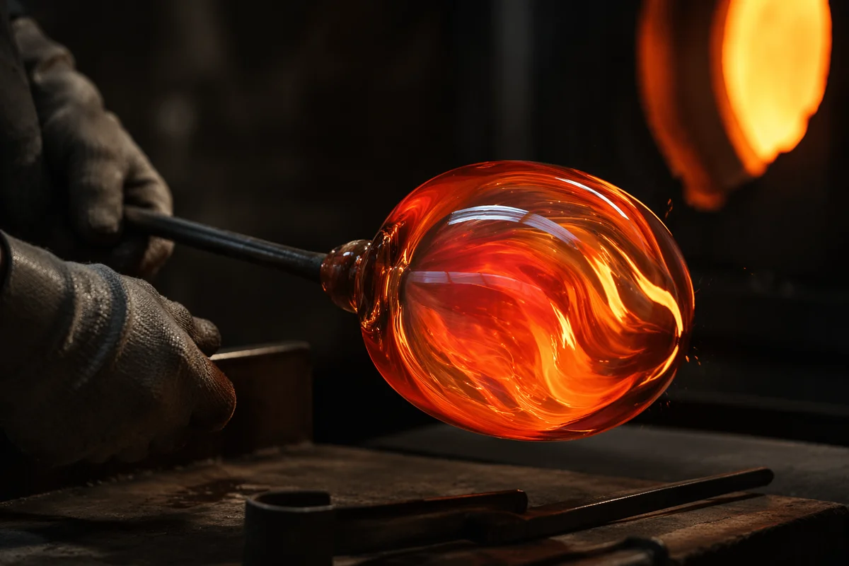 Molten Glass Blowing in Fiery Studio Light