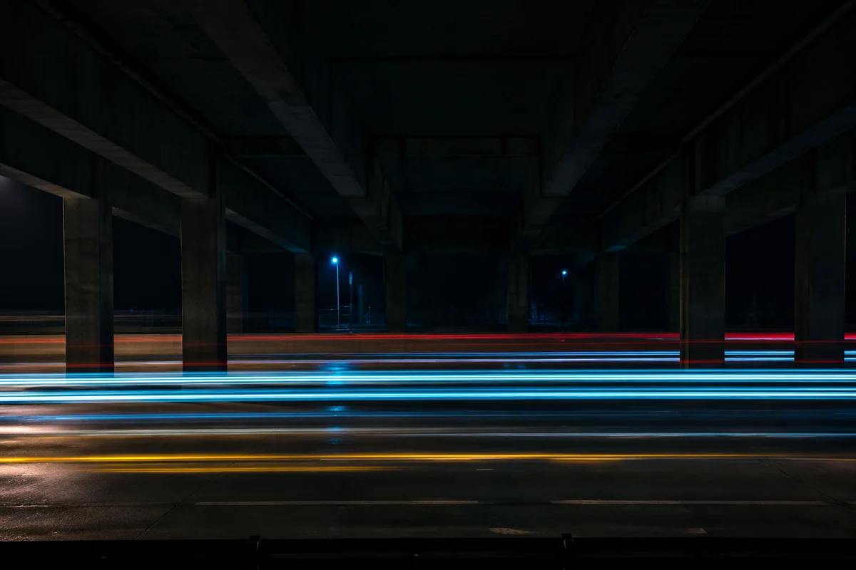 Cinematic Night Highway Light Trails Underpass
